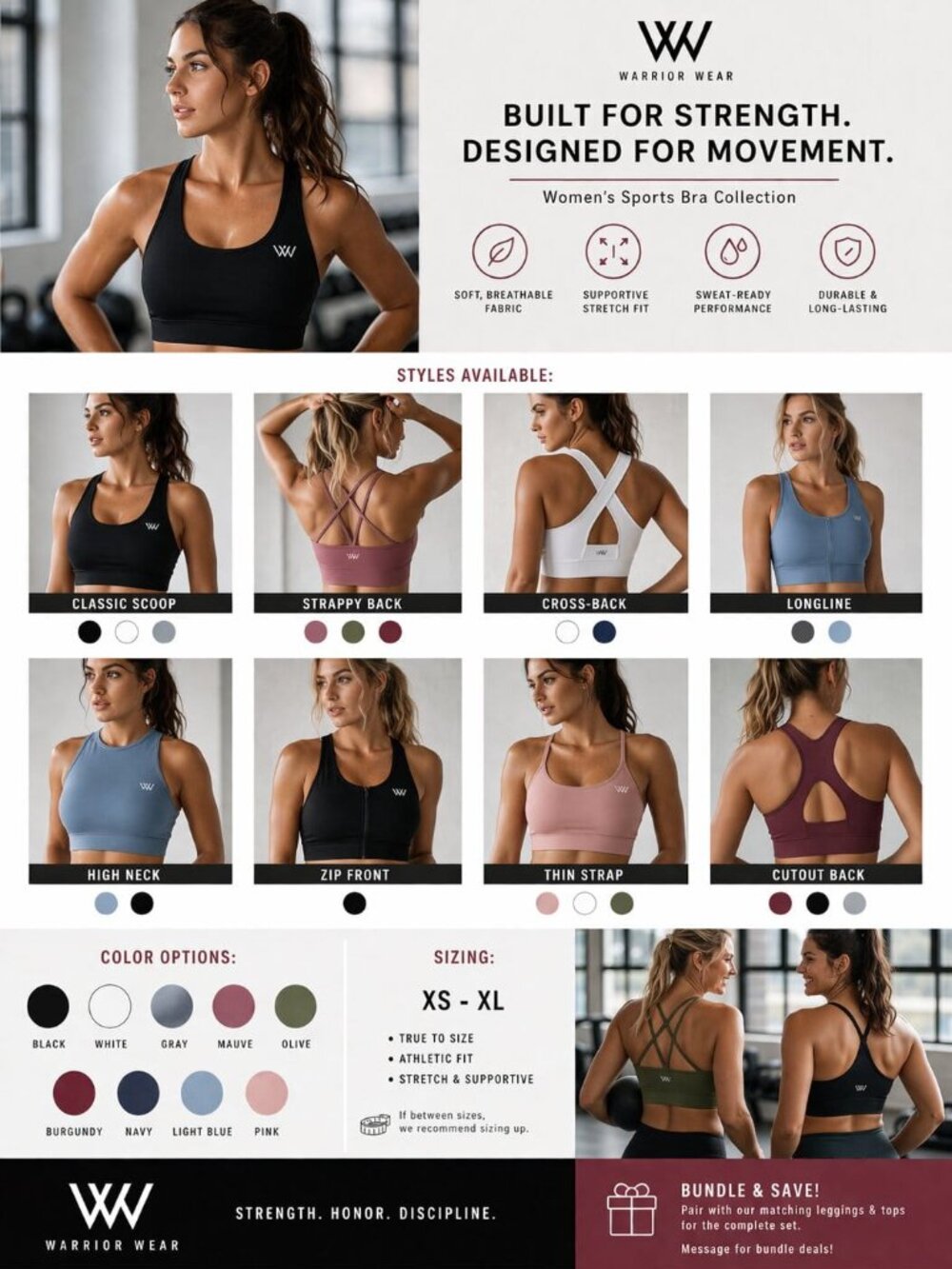 Warrior Wear Sports Bra | Strappy, Cross Back, Longline | Gym & Activewear | Mul